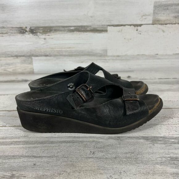 Mephisto Women's Sandals Mid Heel Slip On Buckle Leather Strap Black Size 9 - Picture 1 of 7